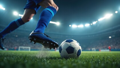Dynamic football scene. Player foot hits the ball with power at night match in stadium. Sport game action close-up on green grass field. Champion concept.
