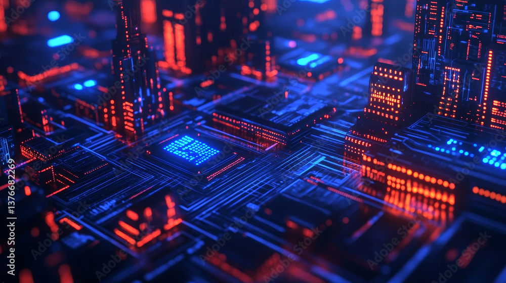 Poster neural network. cyber city, digital technology and information security. big data concept in 3d illu