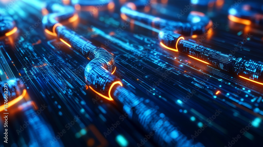 Poster neural network. cyber city, digital technology and information security. big data concept in 3d illu