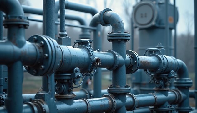 Water pipeline system with pipes fittings and control units. Industrial technology infrastructure for gas fuel chemical oil processing. Engineering construction, water supply and heating.
