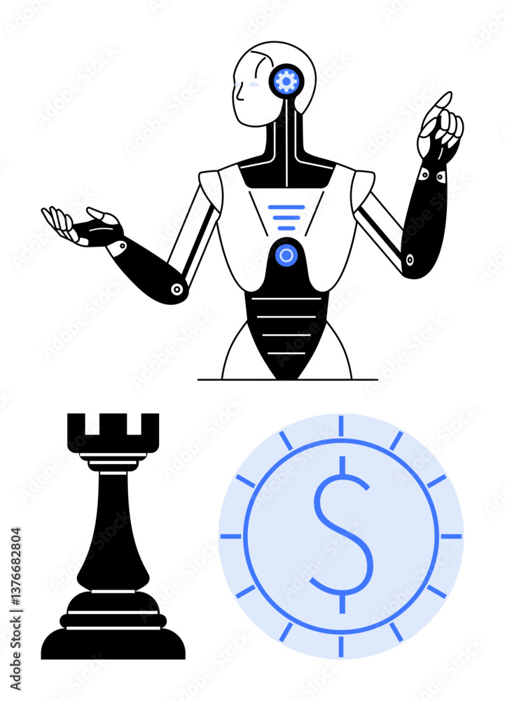 Poster robot in advanced design with glowing gears, accompanied by chess rook and currency coin. ideal for 