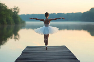 Graceful ballerina performing en pointe on a pier at sunrise, creating a serene and artistic scene