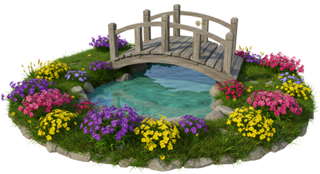 Pond with Wooden Bridge and Colorful Flowers in a Circular Garden