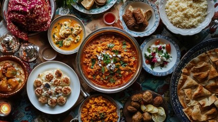 Festive eid al-adha dinner table with a delicious array of traditional dishes