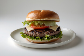Juicy Grilled Beef Burger with Cheese, Lettuce, and Tomato on a Sesame Seed Bun