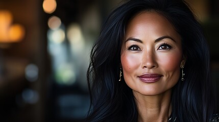 Woman with long black hair and elegant earrings smiles warmly in a stylish indoor setting during evening hours