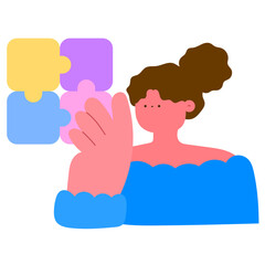 Woman putting together jigsaw puzzle, business structure and strategy concept flat vector illustration