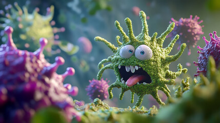 Viruses and germs 3d illustration. Danger of an epidemic. Infection of body, gene mutations, allergic reaction to irritant