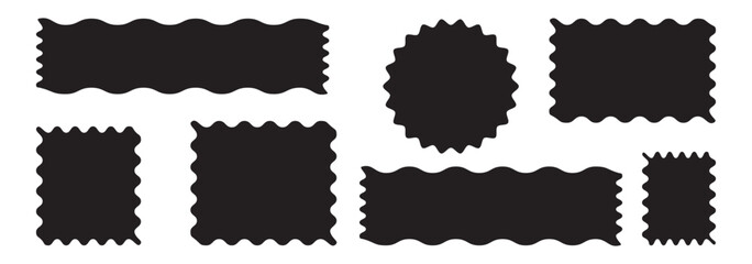 Zig zag wavy shape frames. Vector rectangular and round abstract clouds, flowers and text boxes. Scallop edge kids geometric stamps. Flat jagged oval shapes set. Groovy kids graphic wiggly backgrounds