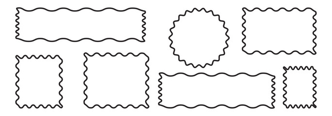 Zig zag wavy shape frames. Vector rectangular and round abstract clouds, flowers and text boxes. Scallop edge kids geometric stamps. Flat jagged oval shapes set. Groovy kids graphic wiggly backgrounds