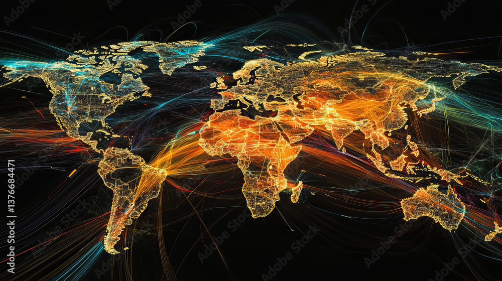 Poster logistics of global communications. world globalization and digital data exchange. 3d illustration m