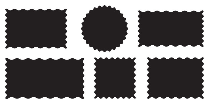 Rectangle shape frame with zigzag edge. Rectangular jagged curved box element. Geometric zig zag wavy stickers. Wiggly undalute square badge, vector illustration for poster, banner, social media