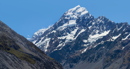Peak of snow capped Mt Cook panoramic view, New Zealand