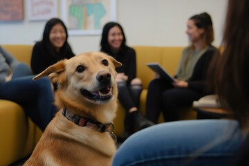 Happy dog sitting in an office with coworkers laughing in the background, enjoying a friendly and pet inclusive workplace