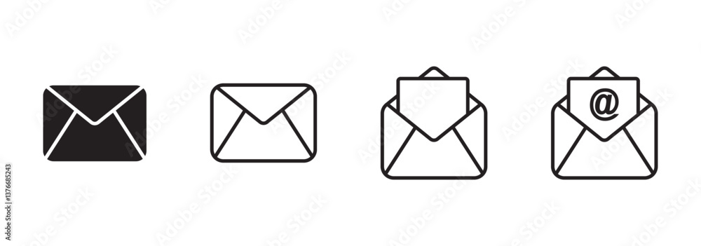 Poster set of mail envelope icon in linear style. closed envelope, opened letter, with checkmark and email.