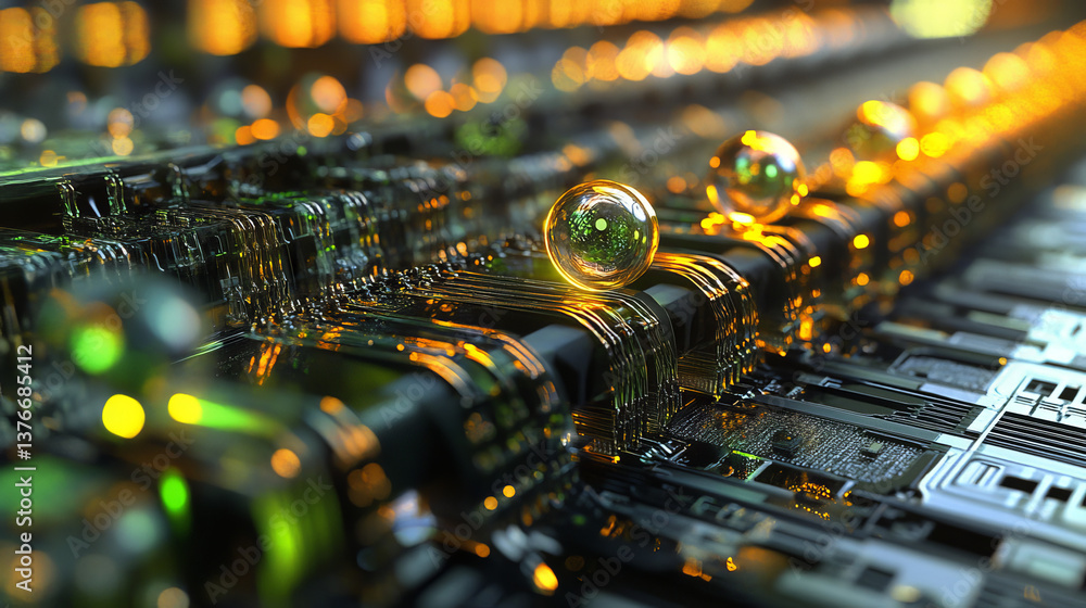Poster quantum processor, cpu, futuristic computer circuit. high technology cyberspace. realistic 3d illust