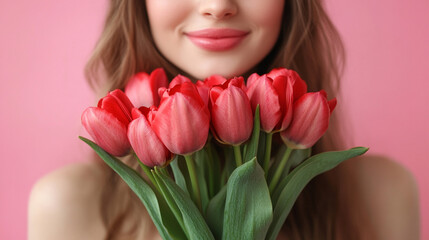 Fototapeta premium Smiling woman holding bouquet of pink tulips indoors