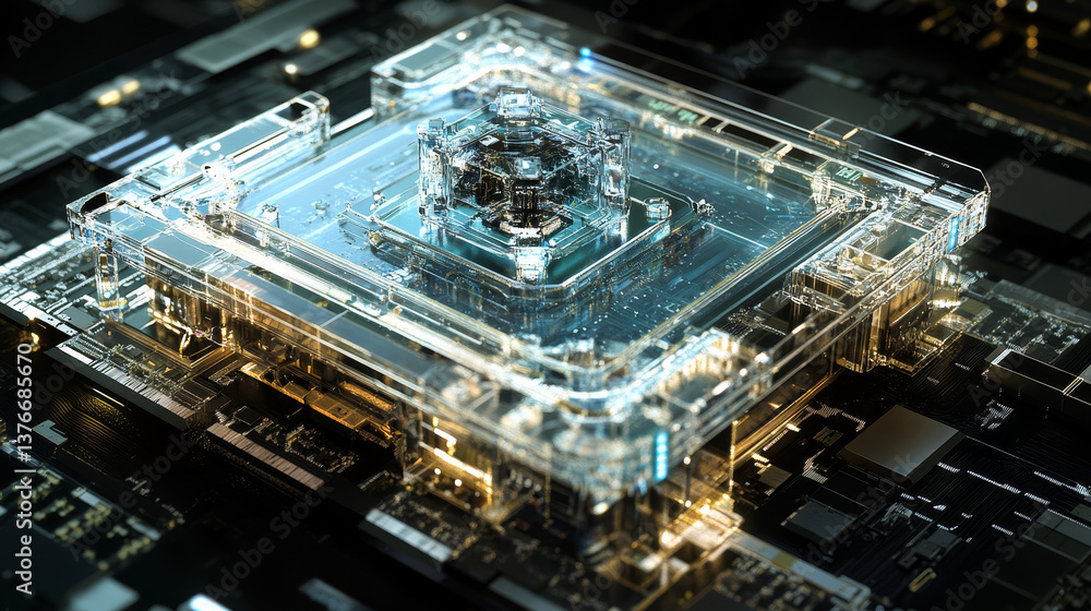 Poster futuristic cpu. quantum processor in the global computer network. 3d illustration of digital cyber s
