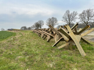 Iron anti tank crosses also known as Czech hedgehogs made to stop or delay enemy armored vehicles. © Diliara