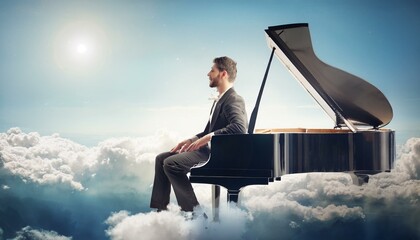 Pianist seat on the cloud near piano, his form silhouette against blue sky and white clouds that surrounds him. Symphony of light and harmony. Concept of classical and modern music, entertainment