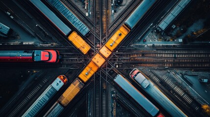 Trains crossing intersections urban railroad aerial view high fidelity overhead concept
