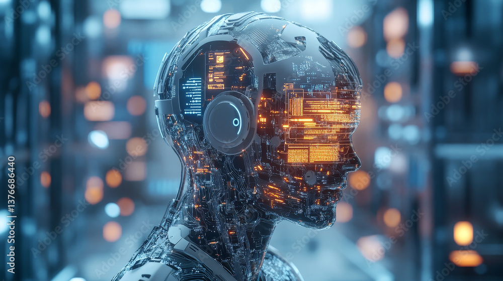 Poster bigdata. artificial intelligence. control over the global network. 3d illustration on a futuristic b
