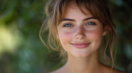 Naklejka premium Smiling young woman with natural beauty outdoors