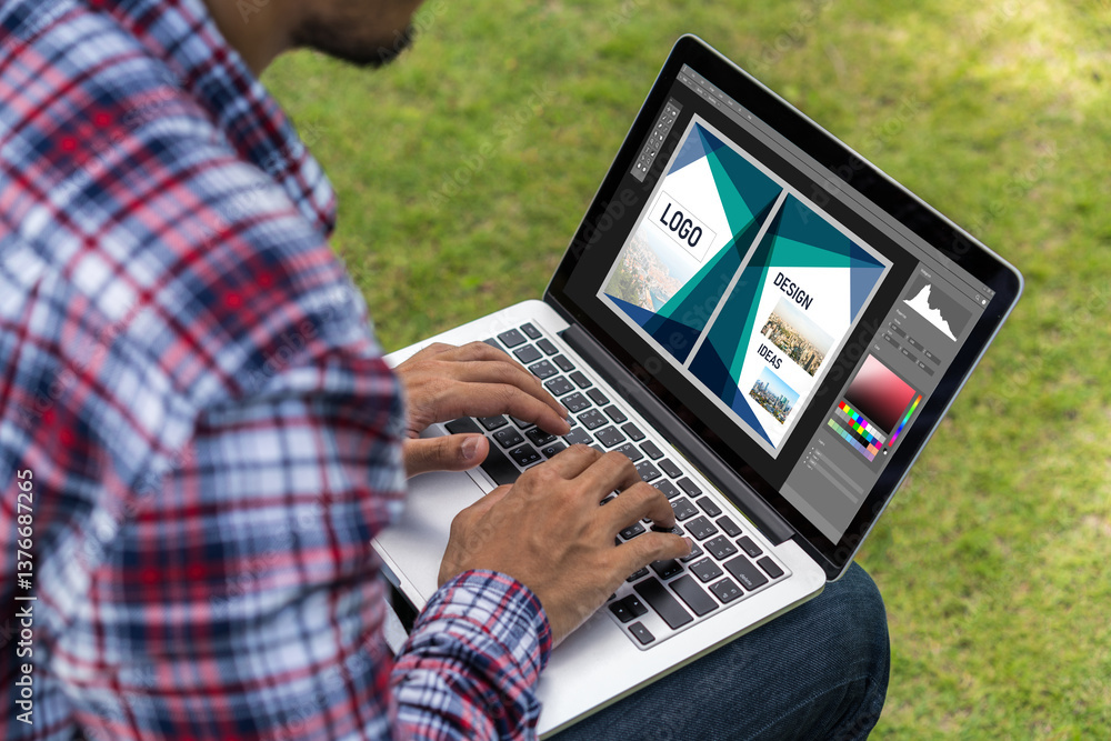 Poster graphic designer software for modern design of web page and commercial ads showing on the computer s