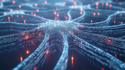 Cyber big data flow. Blockchain data fields. Network line connect stream. Concept of AI technology, digital communication, science research, 3D illustration neural cells