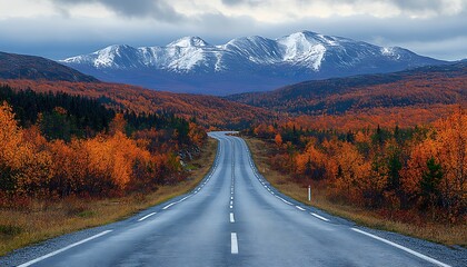 Autumn road to snowy mountains.