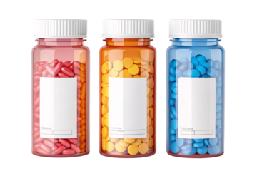 Colorful Medicine Bottles with Blank Labels, Red, Yellow and Blue Pills Close Up