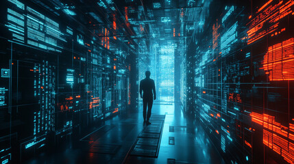 Fototapeta premium Digital city of future. Global Cyberspace. 3D illustration of wireless internet technologies. Database protection and secure transmission of information on blockchain network