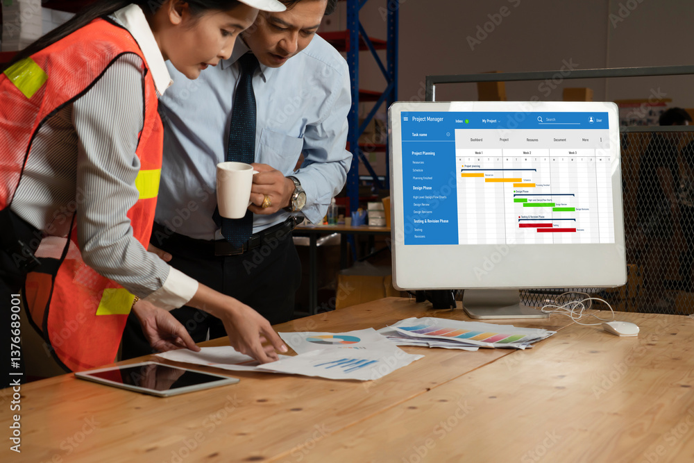 Poster project planning software for modish business project management on the computer screen showing time