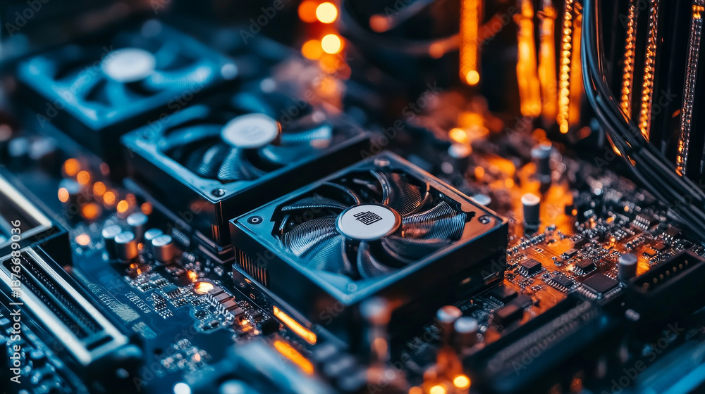 Poster cyberpunk. quantum computer. motherboard, processor, cpu, global network technology blockchain. digi