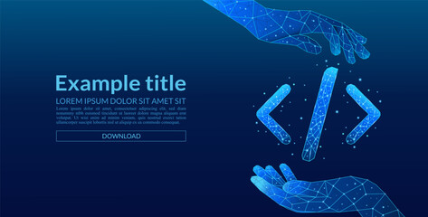 Digital hands holding a 3D digital programming code symbol in light blue on a technological background. Software and web development concept. JavaScript sign in low poly style