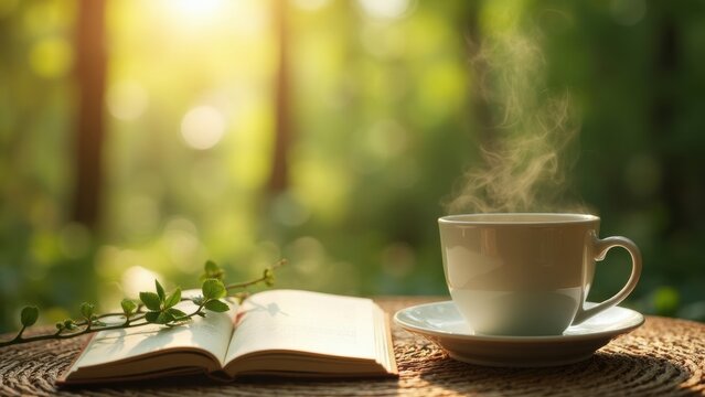 White coffee cup with steam rising from it sits on a wooden table next to an open book. Concept of relaxation and leisure, as the cup of coffee. Scene of mindfulness meditation in a sunlit forest