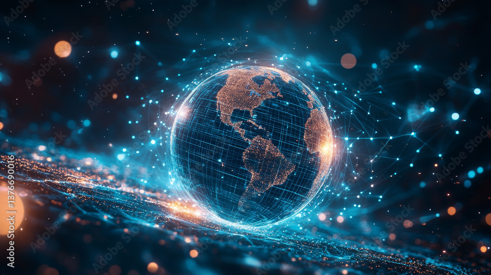 Poster global network. virtuality in cyberspace. hud. digital technologies of future. telecommunications 3d