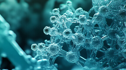 Molecule 3D illustration. Crystal lattice under a microscope. Cellular therapies. Laboratory experiments and research. Nanostructures in high-tech areas of cell technology