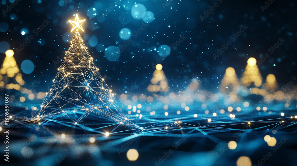 Poster festive background hi-tech cyber technology. 3d illustration of polygonal fields of current data str