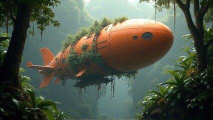 Fototapeta premium A futuristic orange airship covered in plants, floating through a lush forest, blending advanced technology with nature in a misty, tranquil environment. Generative, AI,