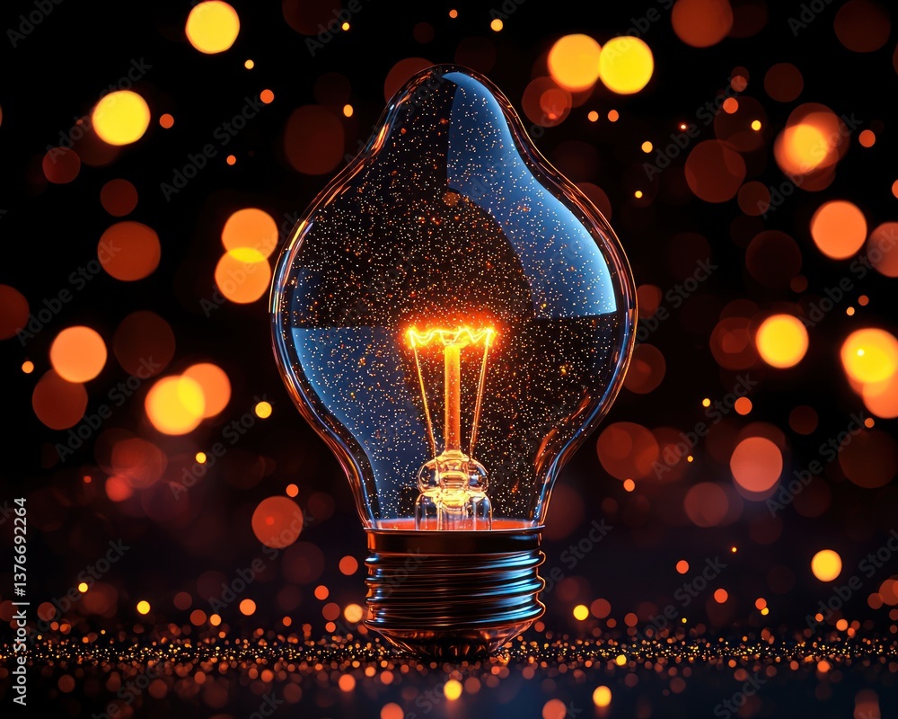 Poster glowing lightbulb with bokeh background. sparkles and warm light emanate from within, creating a mag
