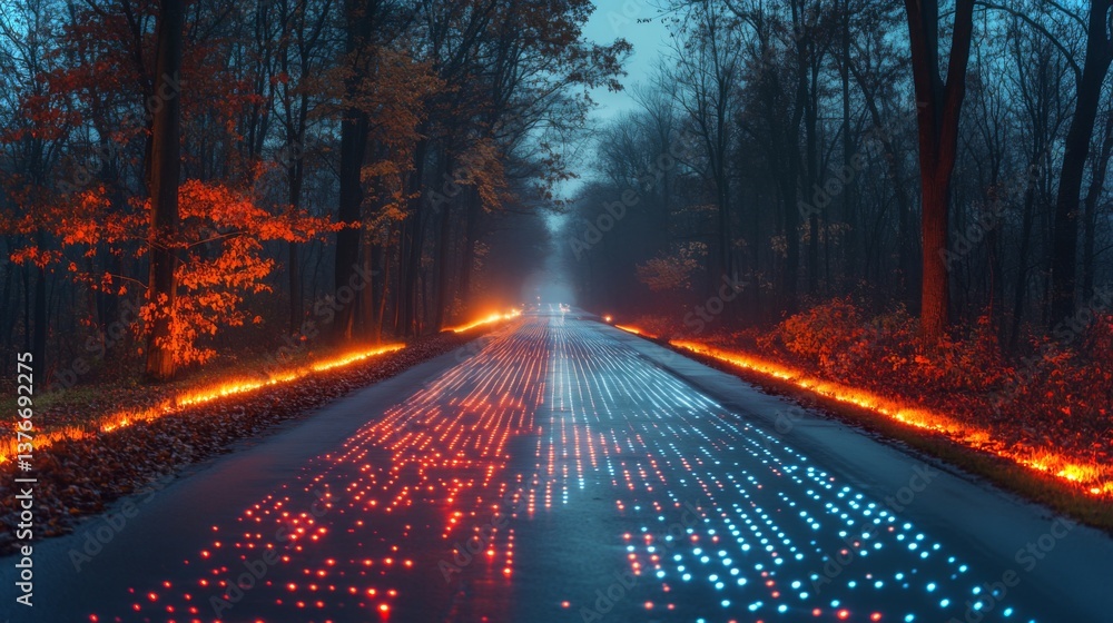 Leinwandbilder an advanced smart road stretches through a tranquil wooded area, illuminated by vibrant blue and red