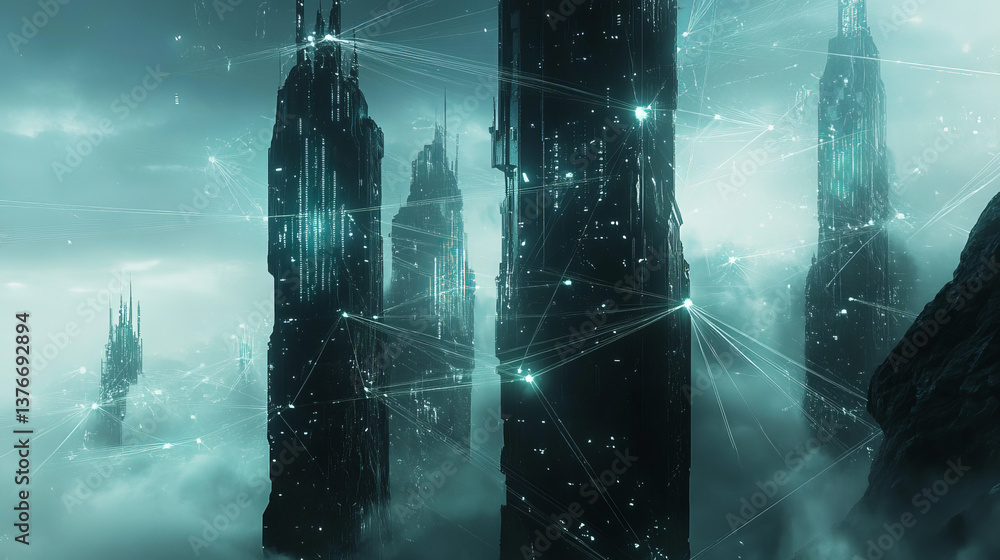 Poster 3d render abstract tehcnology background with connection arcs ang bright tower elements. communicati