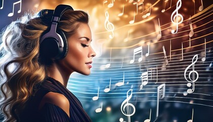 cute pretty girl listening to music peacefully and waves of music fill space, she against flying notes that surrounds it. Symphony of light and sound. Concept of classical and modern music