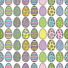 Happy Easter Vector Greeting Design Element. Decorative Easter Eggs Seamless Pattern. Decorated and painted eggs texture. Repeatable Endless Flat Style Design in Creative Pastel Colors. 