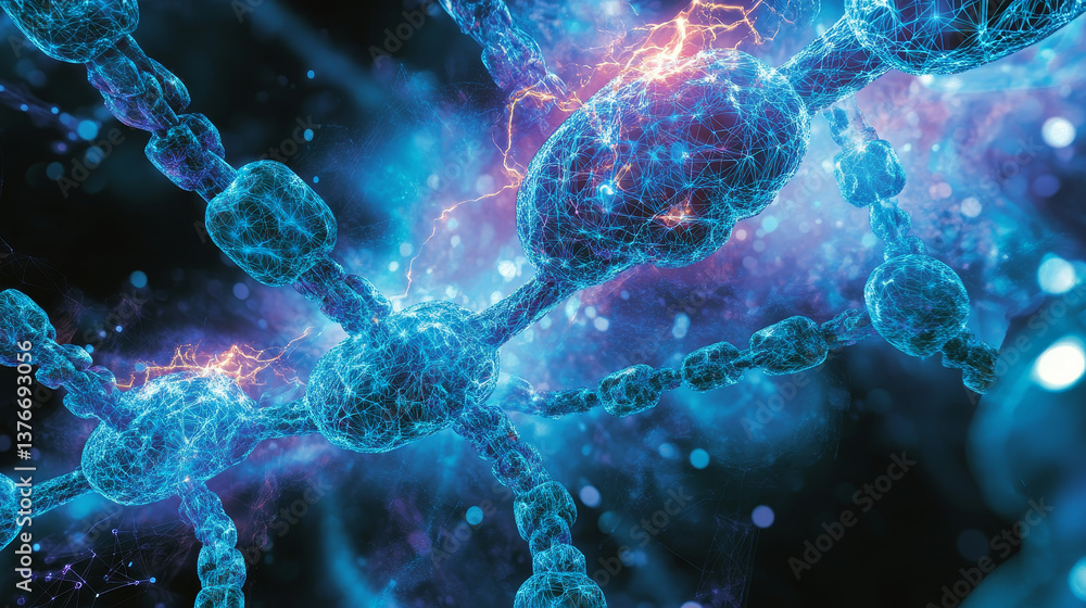 Poster digital neural network. blockchain technology. 3d illustration of the information concept of future 