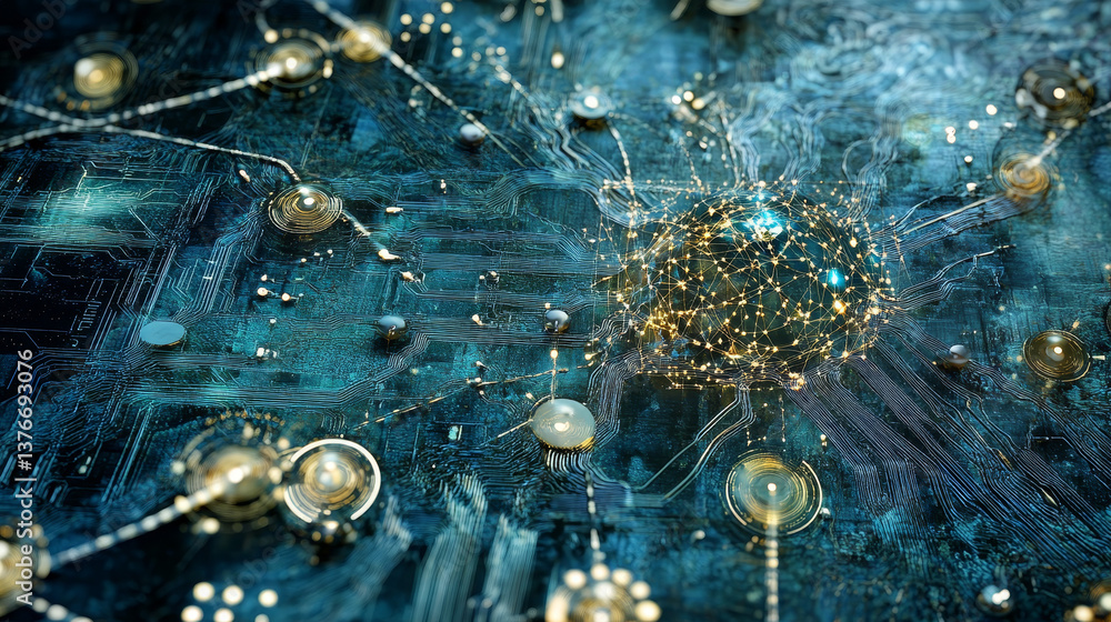 Poster digital neural network. blockchain technology. 3d illustration of the information concept of future 
