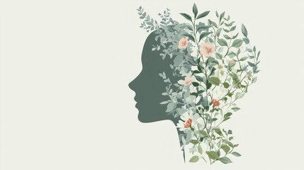 Delicate illustration of a woman’s head filled with green plants and soft flowers, symbolizing harmony, nature, and mindfulness.