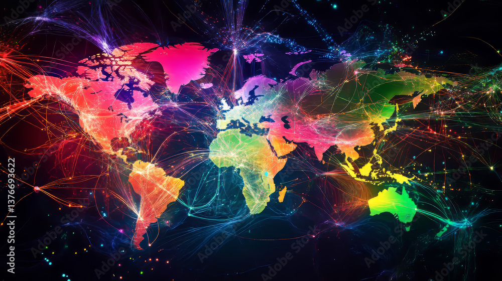 Poster abstract map of continents. globalization and geopolitics in high-tech world of future. 3d illustrat