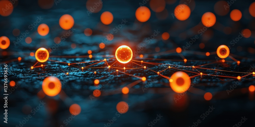 Poster glowing orbs interconnected by lines on a dark, textured surface. intricate network visual